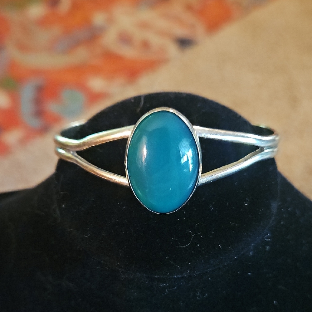 Vintage Sterling Silver and Green Stone Cuff Bracelet Signed